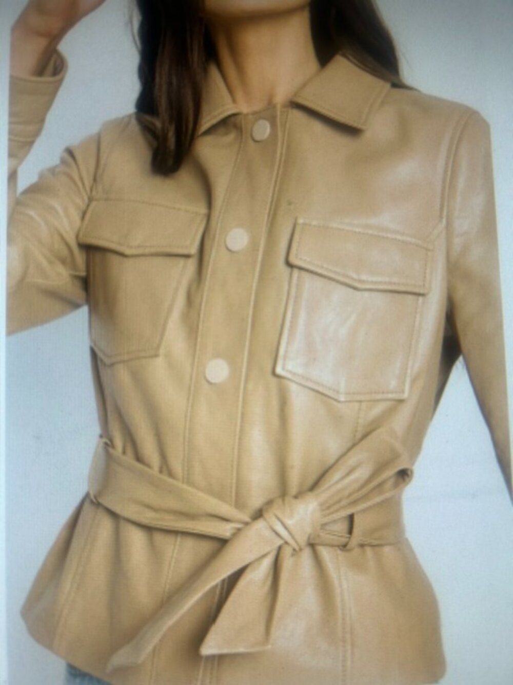 LAMARQUE Cherice Lush Beige Sesame Leather Lined Fitted Belted Safari JacketNWT